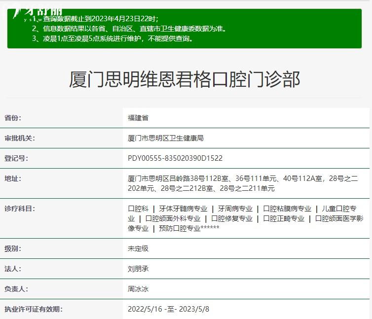 厦门思明维恩君格口腔门诊部正规资质信息