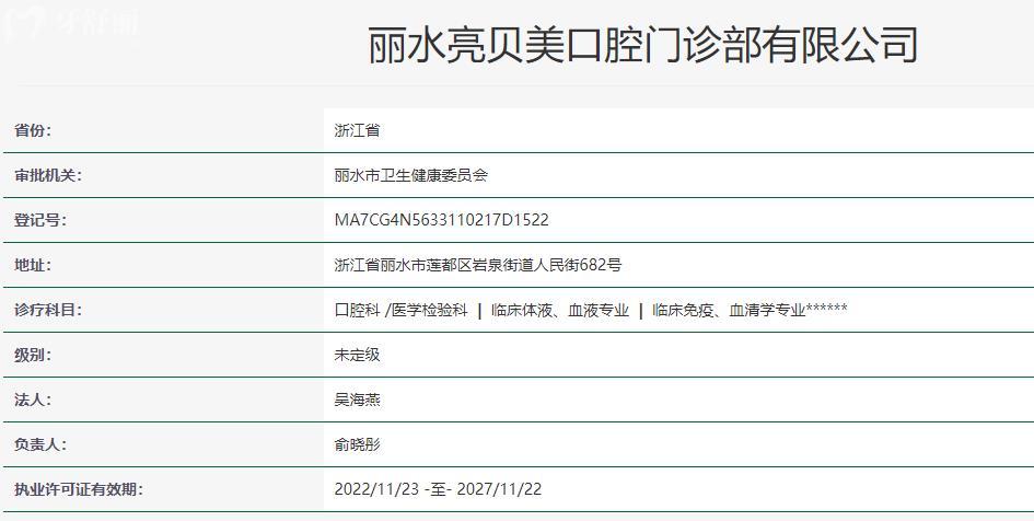 丽水亮贝美口腔门诊部卫健委资料