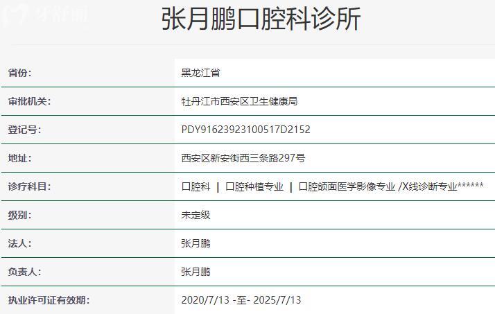 牡丹江张月鹏口腔诊所资质