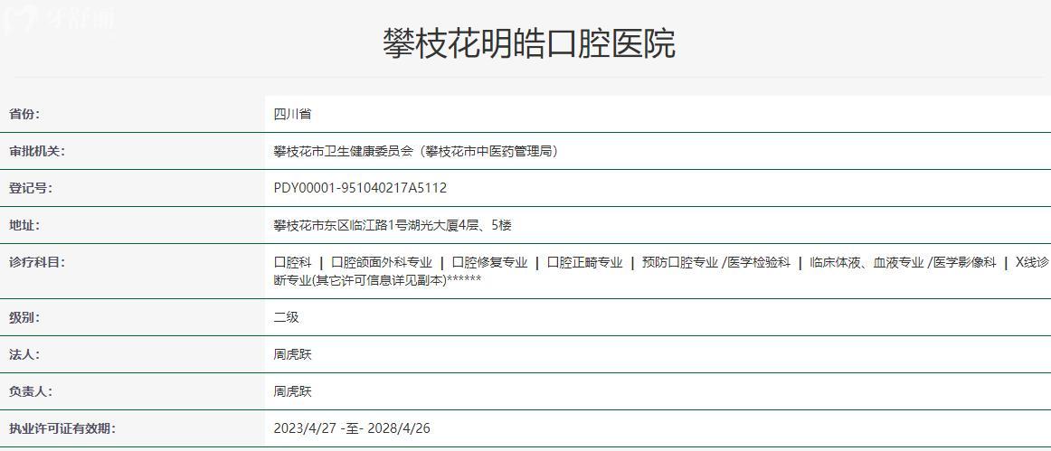 攀枝花明皓口腔医院卫健委资料