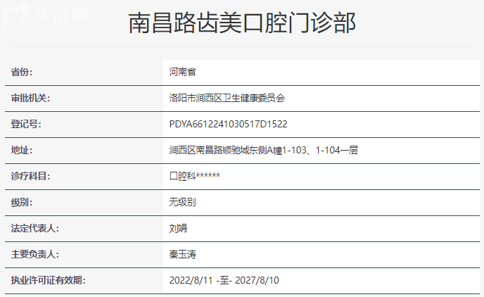 洛阳南昌路齿美口腔门诊部资质信息
