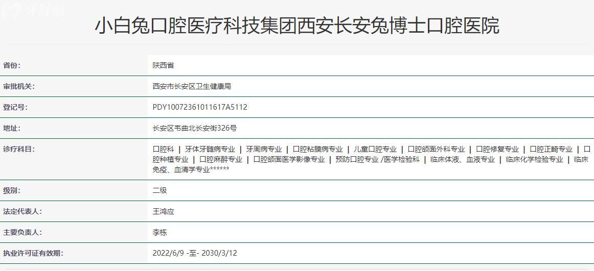 西安长安兔博士口腔医院卫健委资质