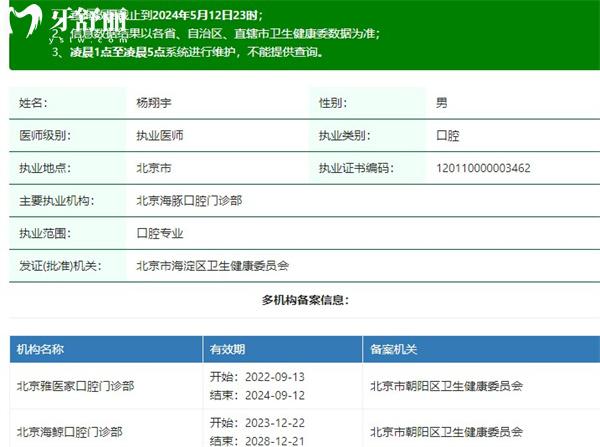 杨翔宇医生执业注册信息查询