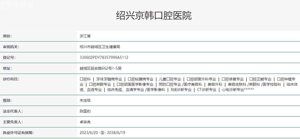 绍兴京韩口腔医院卫健委资料
