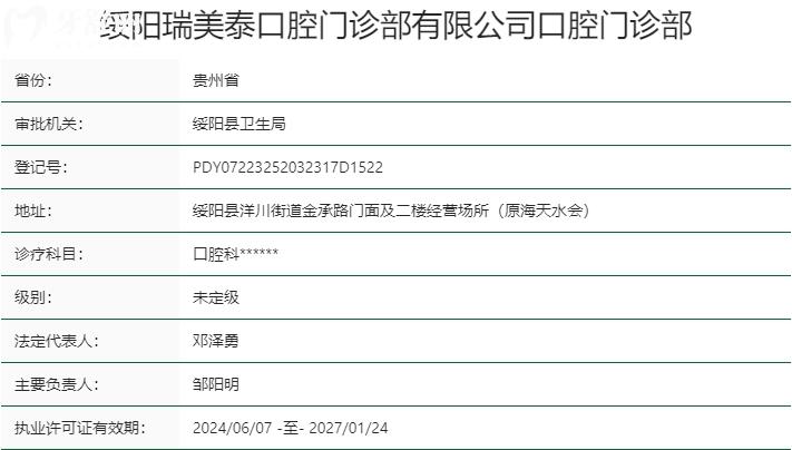 遵义绥阳瑞美泰口腔门诊部资质