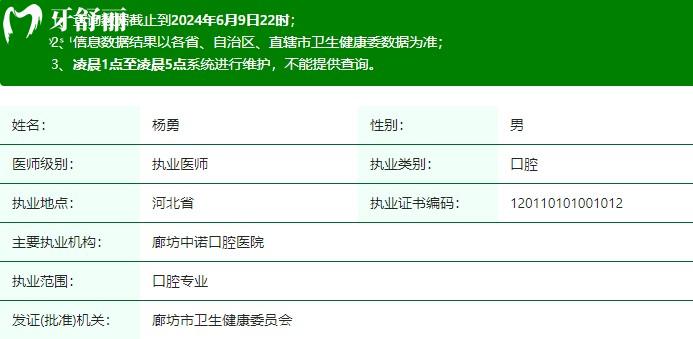 杨勇医生执业注册信息查询