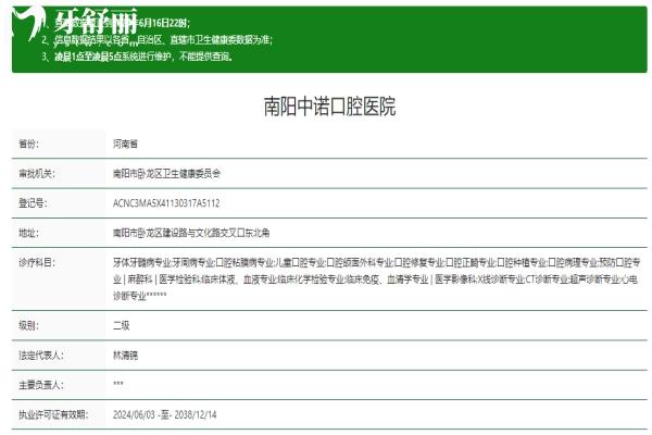 南阳中诺口腔医院资质信息