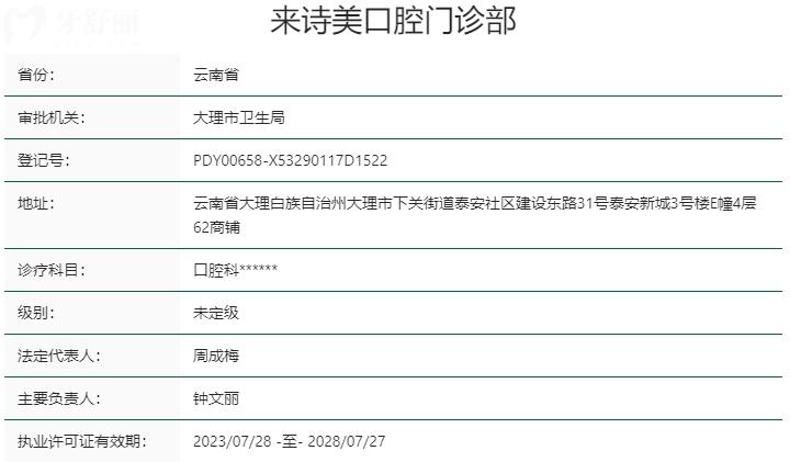 云南大理来诗美口腔资质