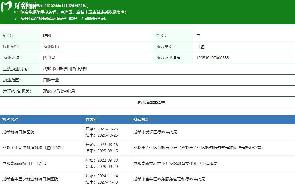 成都新桥口腔陈刚医生卫健委资质